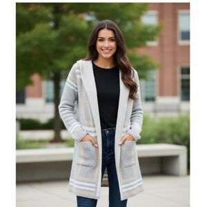 By Design Hooded Cardigan Sweater Duster Grey White Tan Womens Size L